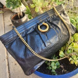 Vtg Morris Moskowitz Genuine Leather Black Shoulder Bag With Gold Chain & Charms